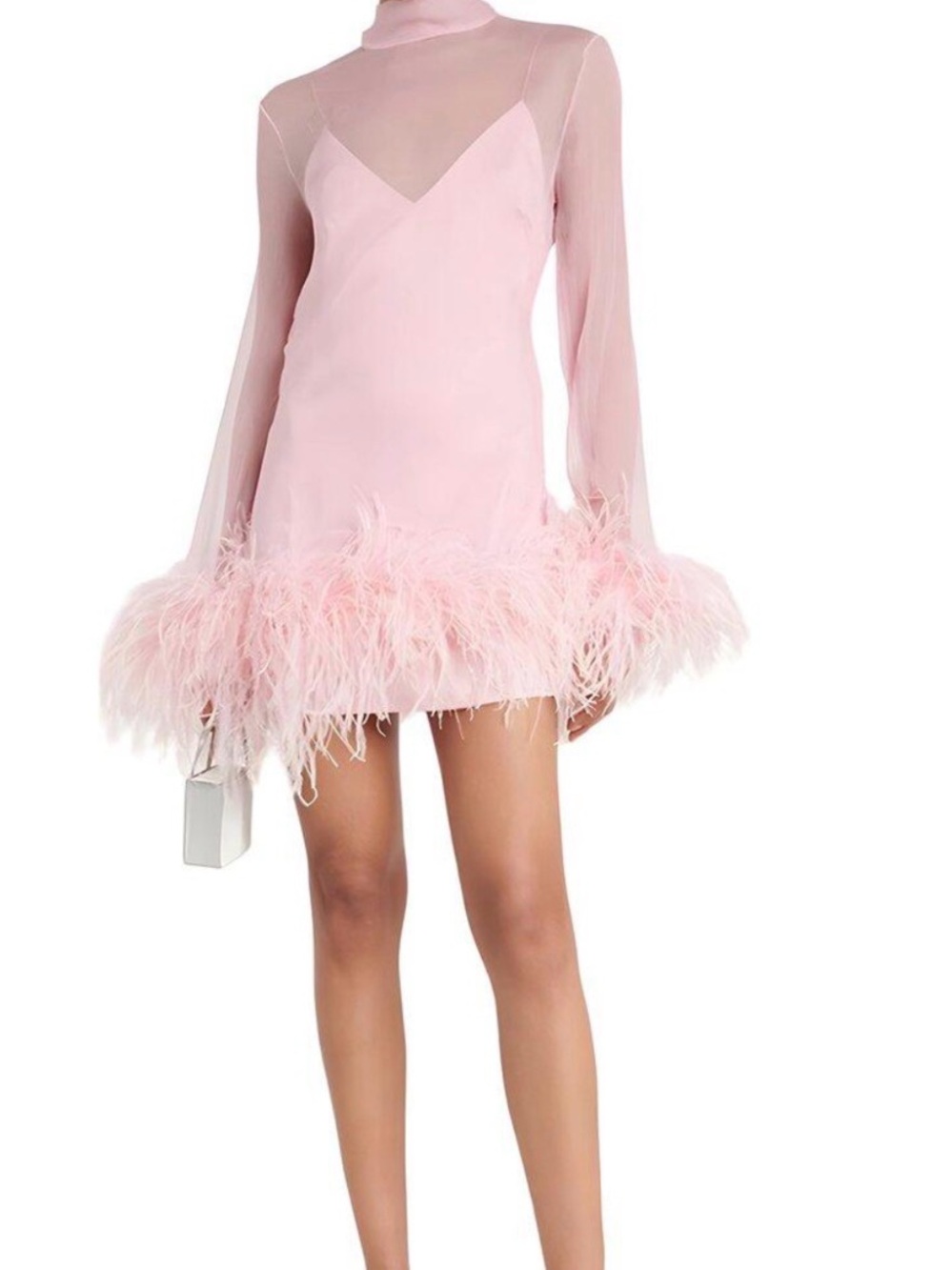 Linda Charm Pink Sheer-Trim Feathered Mini Dress
